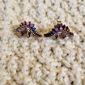 Rainbow And White Painted Wood Stegosaurus Skeleton Stud Earrings Gold Hardware